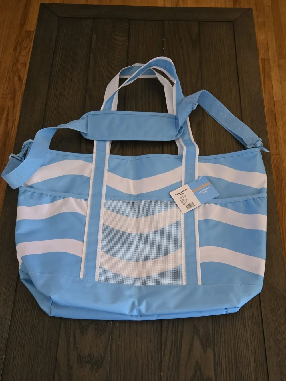 Striped Blue and White Beach Tote with Adjustable Strap, NWT.